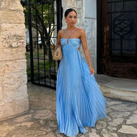 Pleated Cut-Out Maxi Dress – Sleeveless Backless Beach Dress