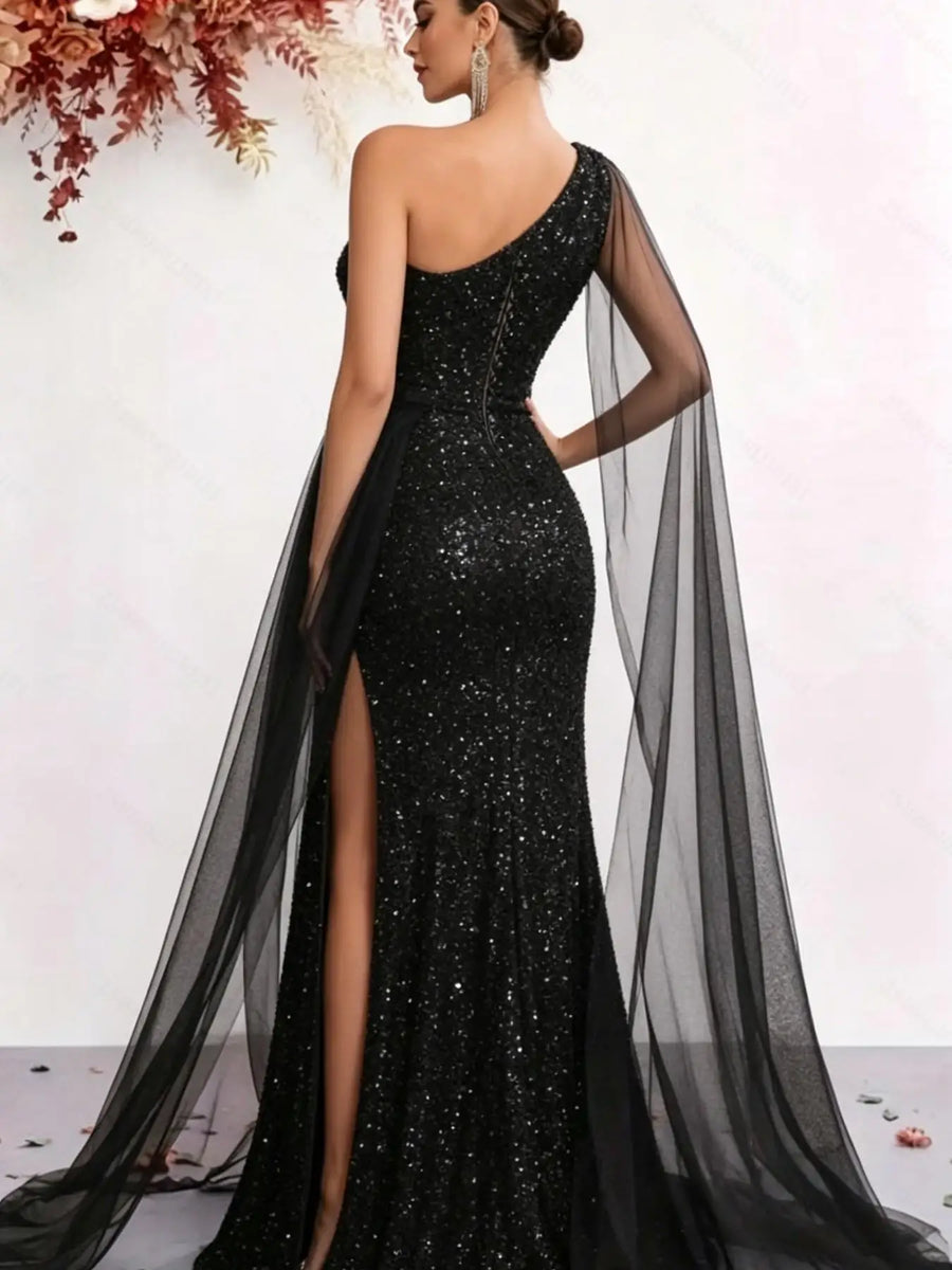 One-Shoulder Sequin Mermaid Gown – Tulle Panel Evening Dress