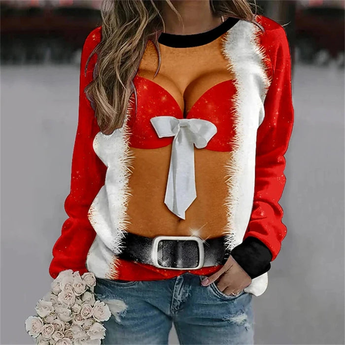 NaughtyNest Sexy Santa Bow sweatshirt with white bow and Santa suit print