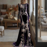 Halloween White Bone Skeleton Embroidered Long Sleeved Dress Dark Rose Printing Flower Slimming Holiday Party Dress 2026