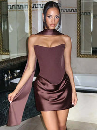 Red Strapless Corset Satin Mini Dress with Choker