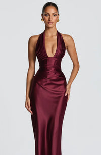 Olive Satin Plunge Halter Maxi Gown – Green Evening Dress