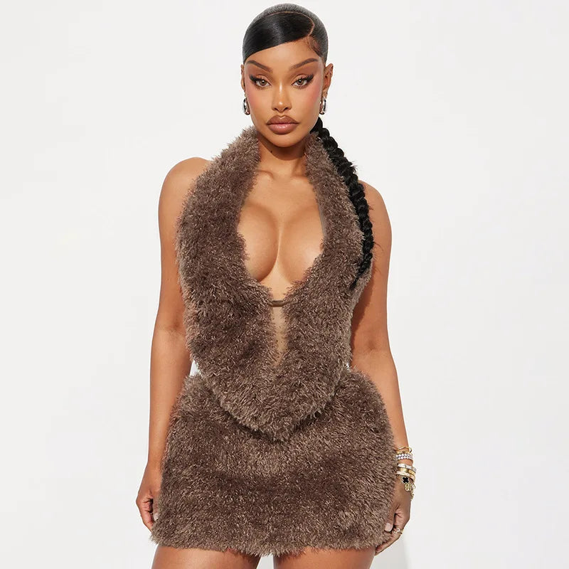 Faux Fur Halter Top & Mini Skirt Set