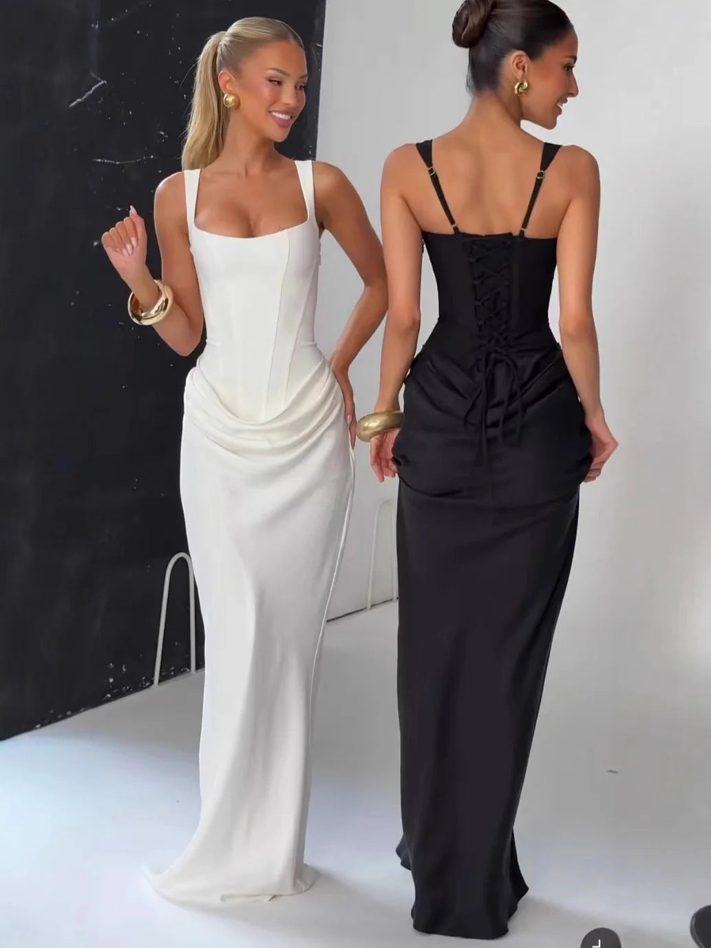 Backless Ruched Bandage Maxi Dress – U-Neck Bodycon Gown