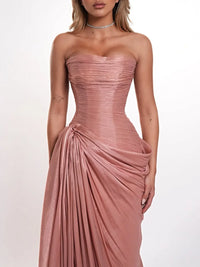 Back view of the strapless dusty pink chiffon prom dress