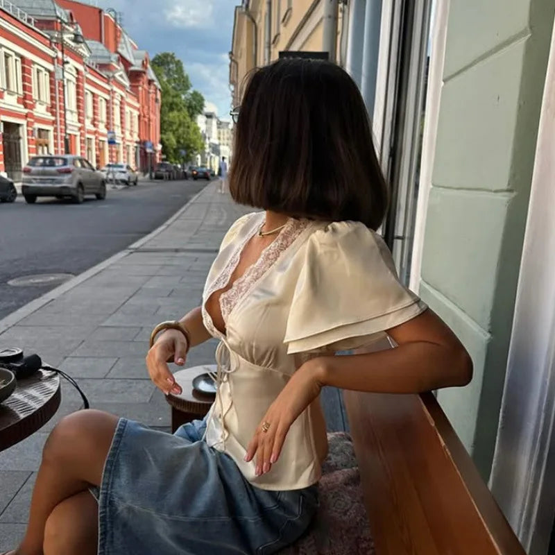 Lace-Trim Satin V-Neck Top