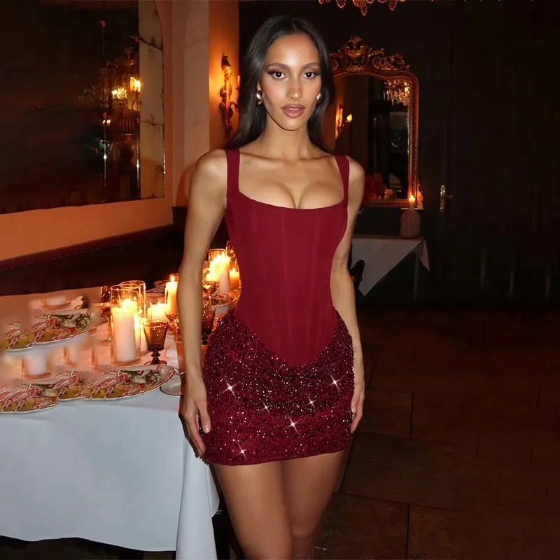 Burgundy Corset Sequin Mini Dress – Wine Party Dress