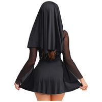 Womens Naughty Nun Evil Cosplay Costume And Coif O-ring Mesh Culottes Gothic Nun Maid Dress with Headscarf for Halloween Party