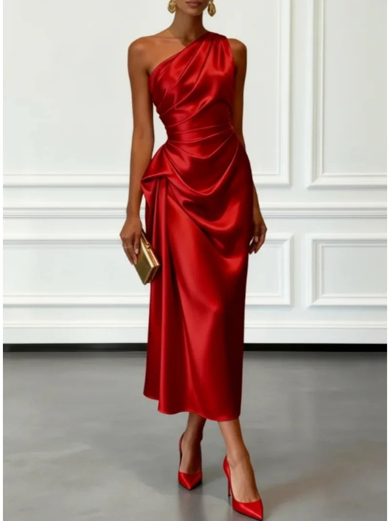 One-Shoulder Satin Ruched Midi Dress – Cocktail & Formal Dress