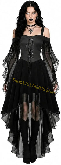 Women Medieval Gothic Vampire Witch Costume Butterfly Mesh Long Sleeve Irregular Hem Dress, For Halloween Carnival Theme Party