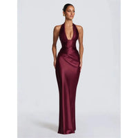 Olive Satin Plunge Halter Maxi Gown – Green Evening Dress