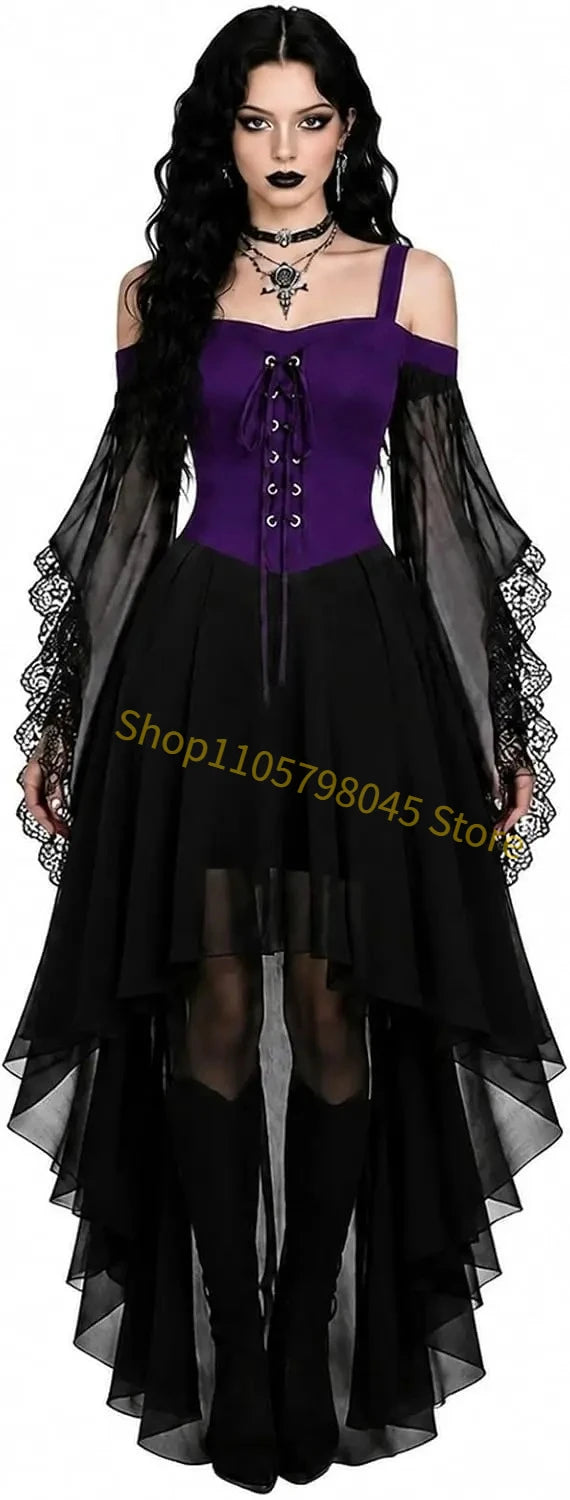 Women Medieval Gothic Vampire Witch Costume Butterfly Mesh Long Sleeve Irregular Hem Dress, For Halloween Carnival Theme Party