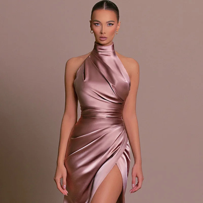 Retro satin halter maxi dress shown in pink and black