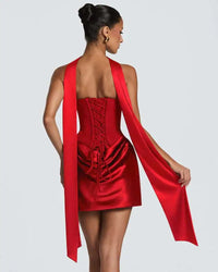 Red Strapless Corset Satin Mini Dress with Choker