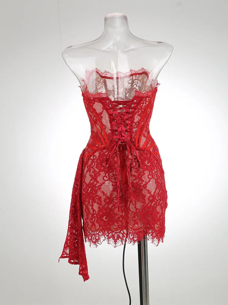 Sheer Lace Strapless Evening Dress