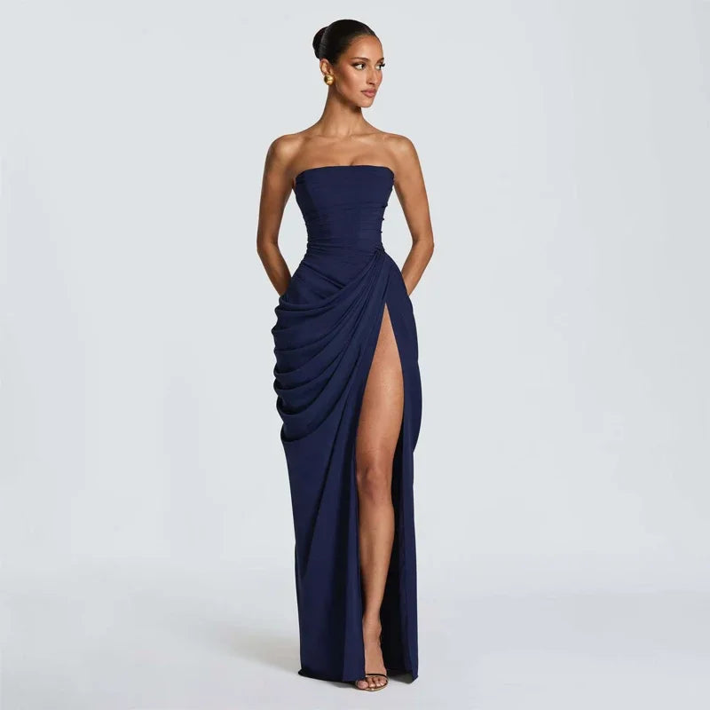 The Pleated Strapless Split Maxi Gown