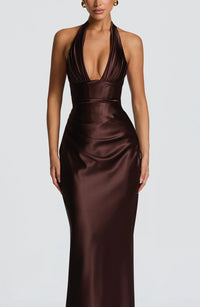 Olive Satin Plunge Halter Maxi Gown – Green Evening Dress