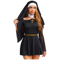 Womens Naughty Nun Evil Cosplay Costume And Coif O-ring Mesh Culottes Gothic Nun Maid Dress with Headscarf for Halloween Party