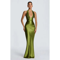 Olive Satin Plunge Halter Maxi Gown – Green Evening Dress