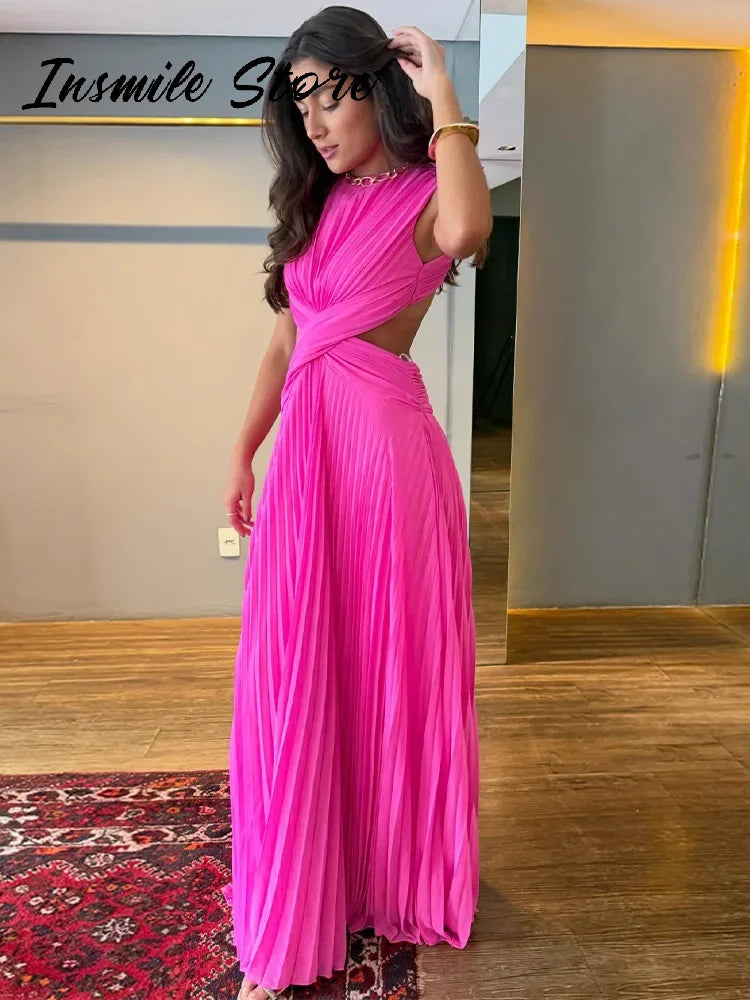 Pleated Cut-Out Maxi Dress – Sleeveless Backless Beach Dress