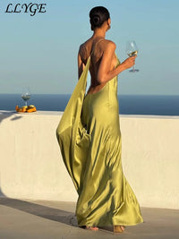Elegant Satin Ribbon Backless Women's Long Dress Pleated V-neck Slit Beach Party Dresses 2026 Summer Lady Solid Evening Robes