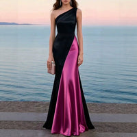 One-Shoulder Satin Mermaid Gown – Colour-Block Bodycon Dress