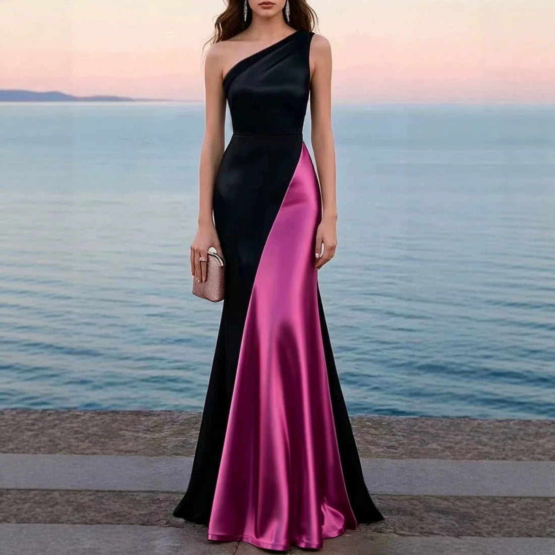 One-Shoulder Satin Mermaid Gown – Colour-Block Bodycon Dress