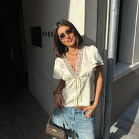 Lace-Trim Satin V-Neck Top