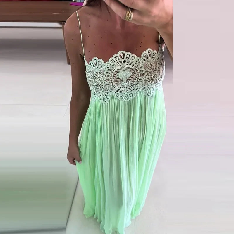 Women's Sheer Lace Backless Spaghetti Strap Top & Wide-Leg Pant Set – Beach Chic 2-Piece Suit