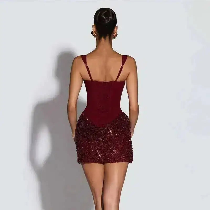 Burgundy Corset Sequin Mini Dress – Wine Party Dress