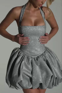 Silver Glitter Halter Bubble Hem Mini Dress – Holiday Party Dress