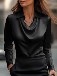 Satin V-Neck Blouse – Long Sleeve Loose Faux-Silk Shirt