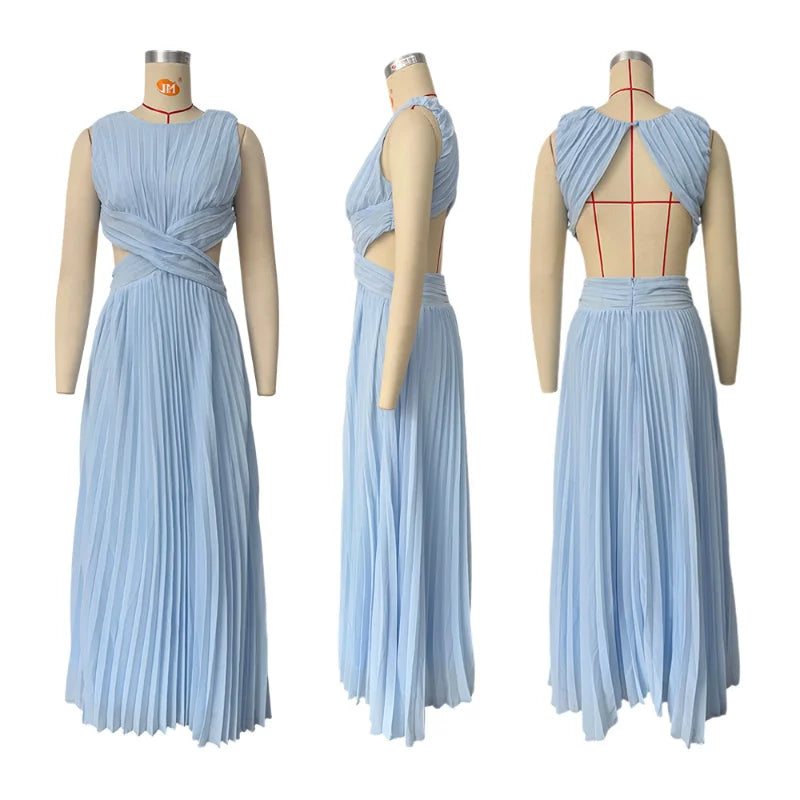 Pleated Cut-Out Maxi Dress – Sleeveless Backless Beach Dress