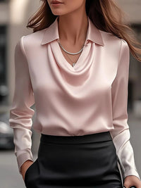 Satin V-Neck Blouse – Long Sleeve Loose Faux-Silk Shirt