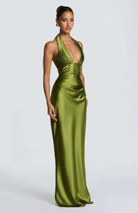 Olive Satin Plunge Halter Maxi Gown – Green Evening Dress