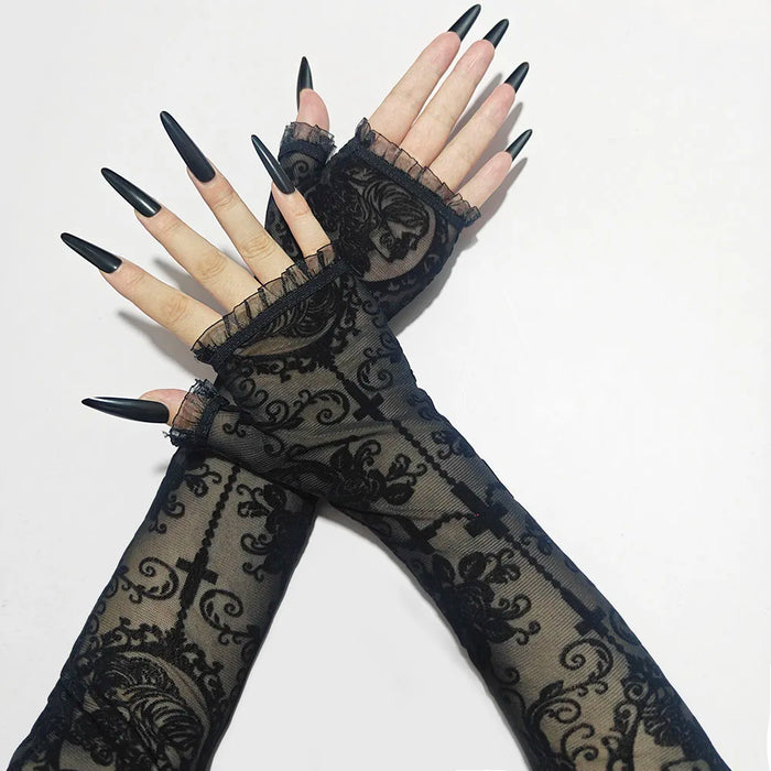 Halloween-Spitzenhandschuhe mit Skelettmotiv