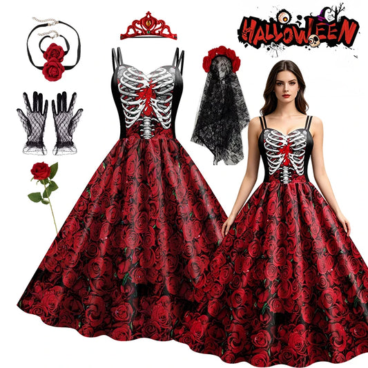 Skeleton rose Day of the Dead dress costume with veil