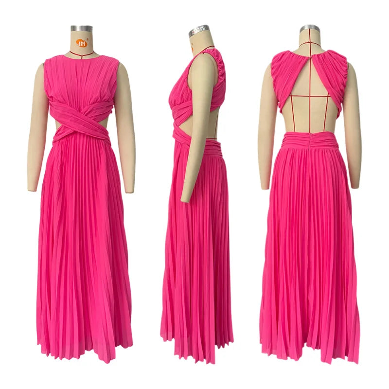Pleated Cut-Out Maxi Dress – Sleeveless Backless Beach Dress