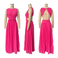 Pleated Cut-Out Maxi Dress – Sleeveless Backless Beach Dress
