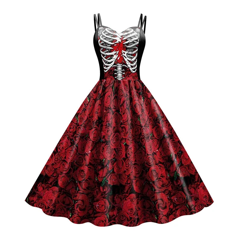Women Halloween Skeleton Rose Dress Set Day of The Dead Cosplay Costume With Veil Crown Gloves For Carnival Party