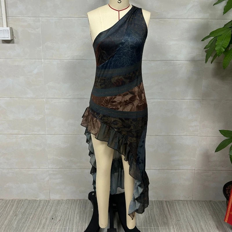 2026 New Retro Print Ruched High Split Ruffle Hem Long Dresses Woman Spring Sexy One Shoulder Slim Summer Party Boho Maxi Dress