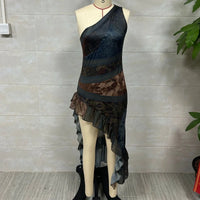 2026 New Retro Print Ruched High Split Ruffle Hem Long Dresses Woman Spring Sexy One Shoulder Slim Summer Party Boho Maxi Dress