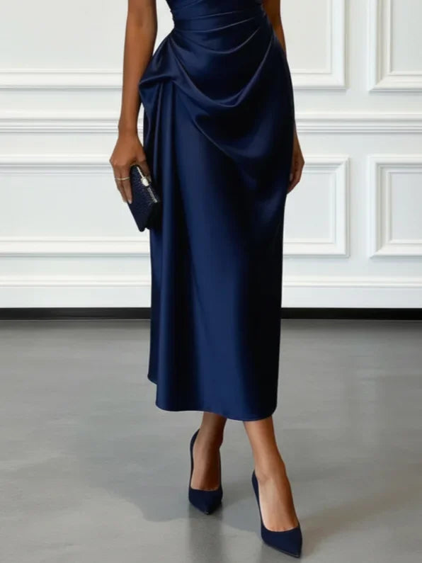 One-Shoulder Satin Ruched Midi Dress – Cocktail & Formal Dress
