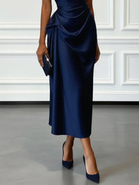 One-Shoulder Satin Ruched Midi Dress – Cocktail & Formal Dress