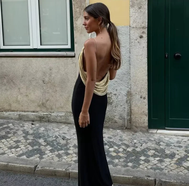 Gold Chain Black Maxi Dress – Sleeveless Slim-Fit Evening Gown