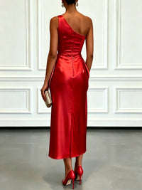 One-Shoulder Satin Ruched Midi Dress – Cocktail & Formal Dress