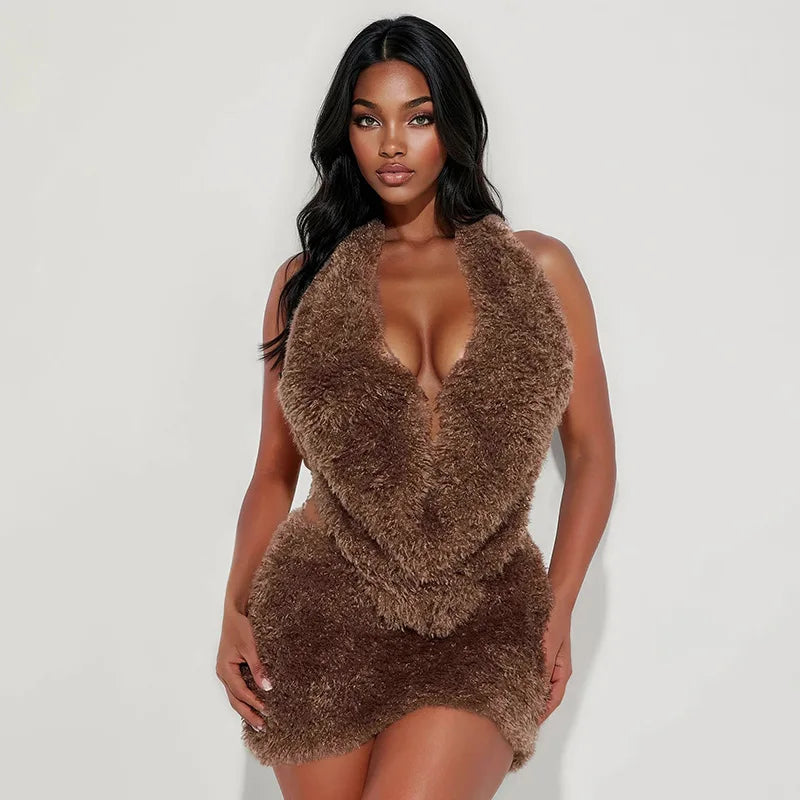Faux Fur Halter Top & Mini Skirt Set