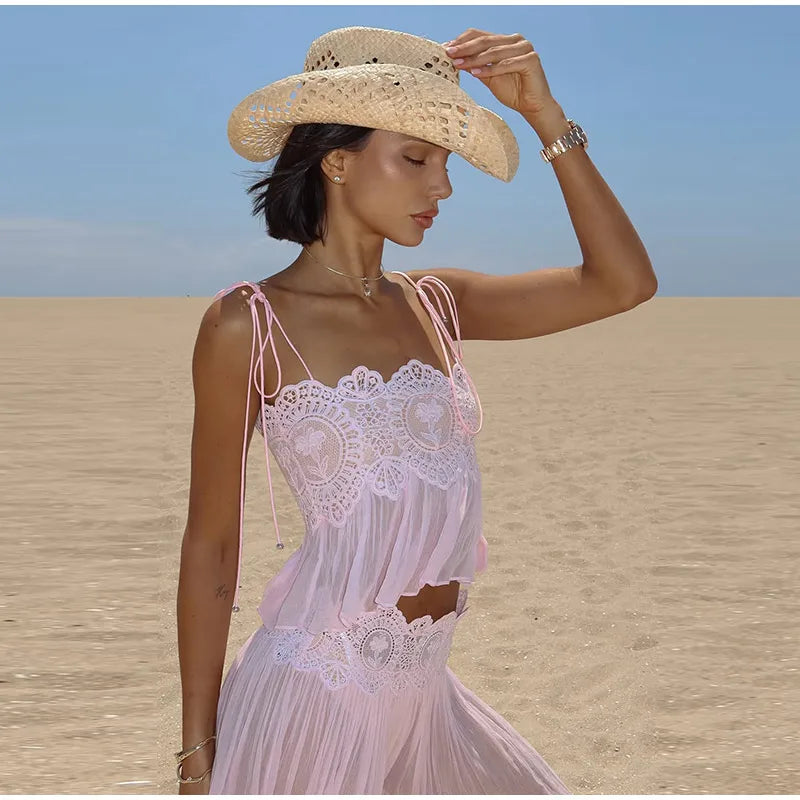 Women's Sheer Lace Backless Spaghetti Strap Top & Wide-Leg Pant Set – Beach Chic 2-Piece Suit