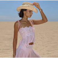 Women's Sheer Lace Backless Spaghetti Strap Top & Wide-Leg Pant Set – Beach Chic 2-Piece Suit