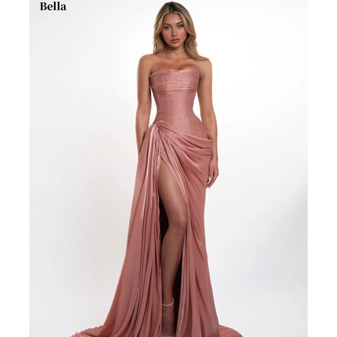 Dusty Pink Chiffon Mermaid Prom Dress – Strapless Ruched High-Slit Gown